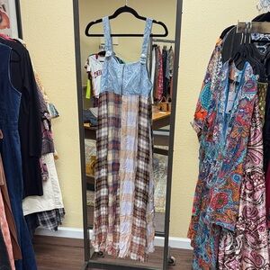 We The Free Light Blue Denim-Style Bodice Plaid Maxi Dress